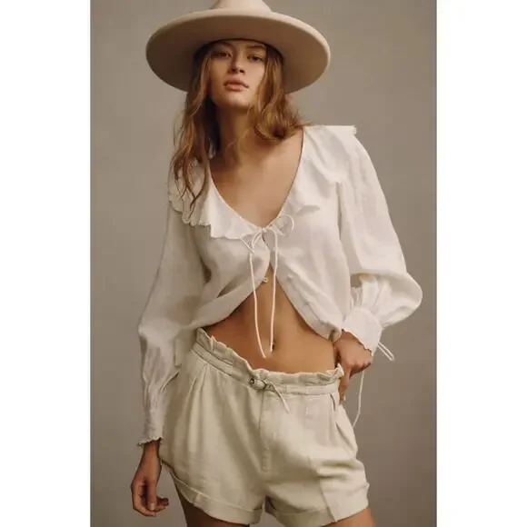 By Anthropologie Linen City Beach Belted Linen Viscose Shorts in Pearl L NWT $98 - Picture 3 of 8